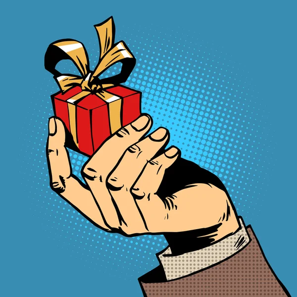 Geschenk in der Hand eine kleine Schachtel Pop Art Comics im Retro-Stil — Stockvektor