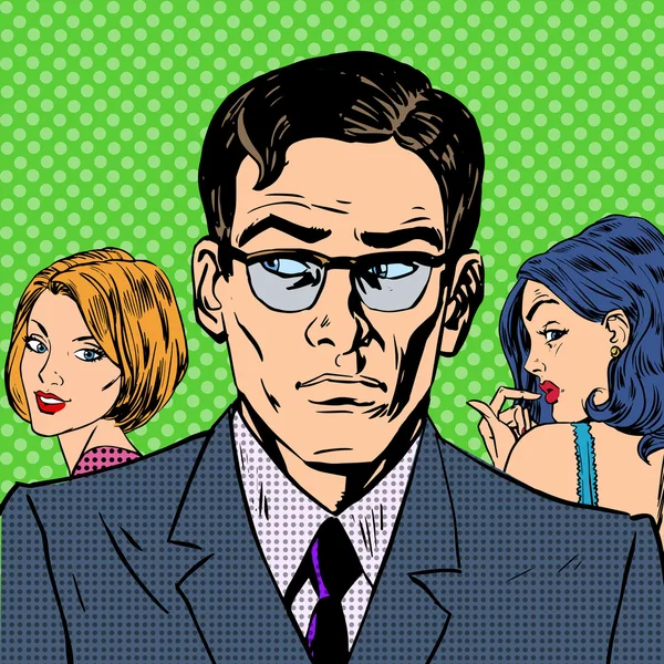 Homem escolhe entre duas mulheres relacionamentos amor emoção pop art — Vetor de Stock