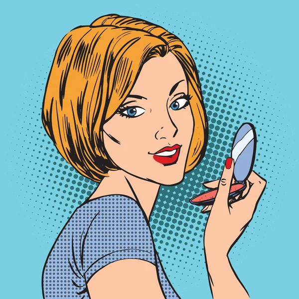 Cara de una chica con su compacto espejo maquillaje mujer pop art comi — Vector de stock