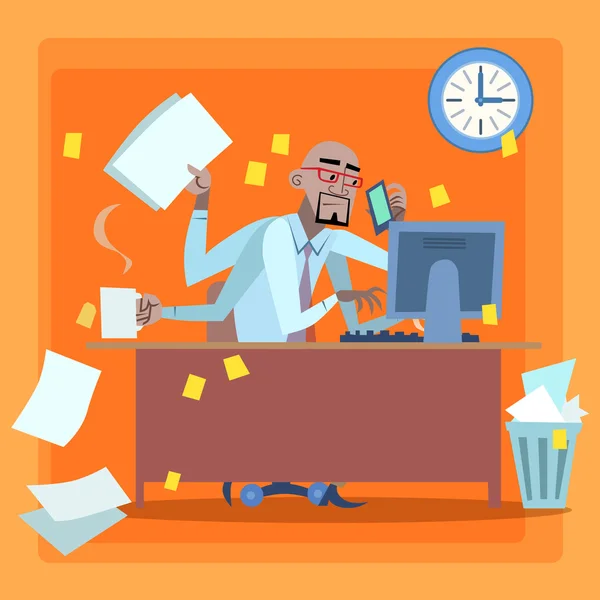 African businessman loaded with work time management — Stock Vector