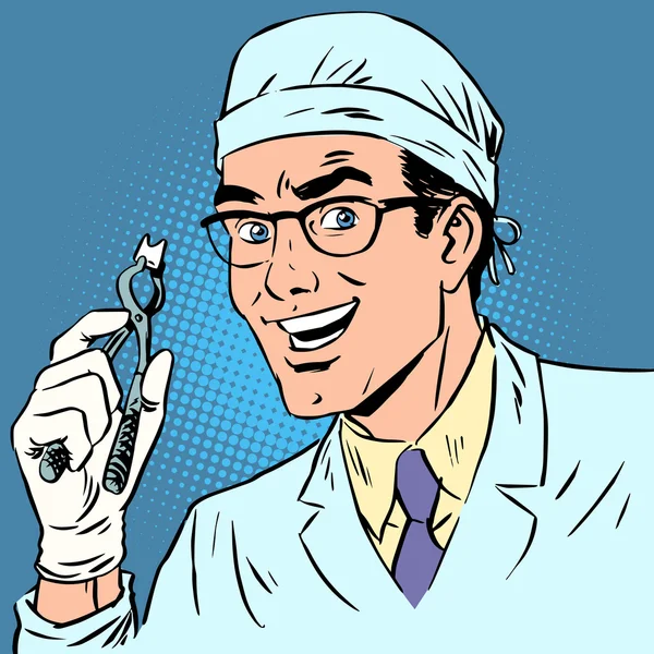 Dentista engraçado puxou um dente pop arte retro comic — Vetor de Stock