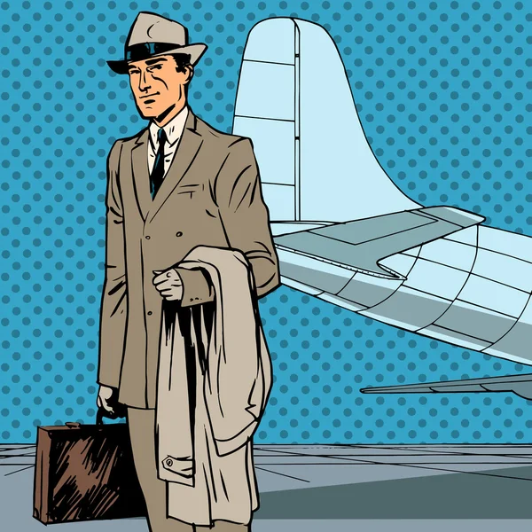 Masculino passageiro aéreo viajante viagem de negócios empresário pop art re —  Vetores de Stock