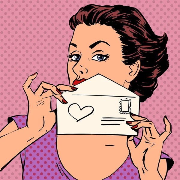 Kvinnan brev älskar meddelande alla hjärtans dag bröllop popkonst retro — Stock vektor