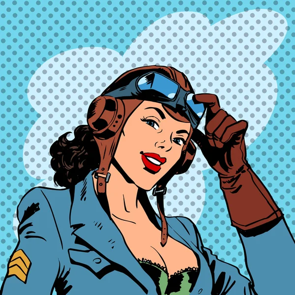 Pin Up Mädchen Pilot Luftfahrt Armee Schönheit Pop Art Retro — Stockvektor