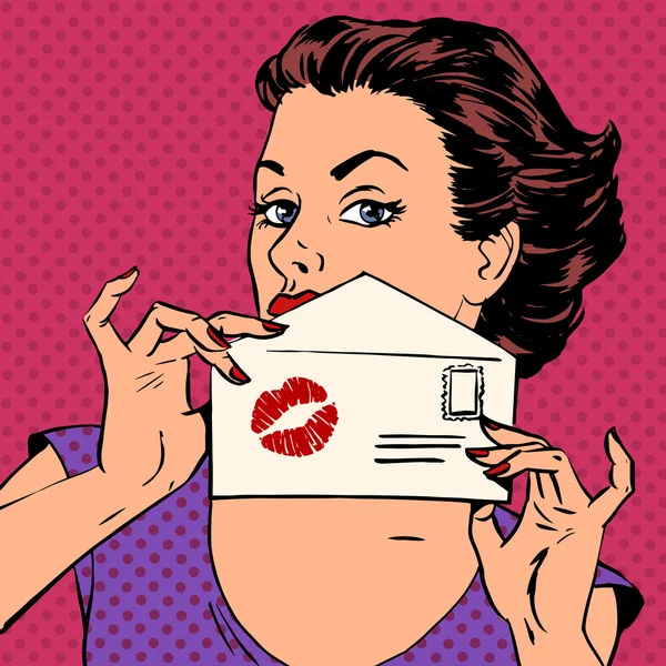 Mädchen mit Umschlag für Brief und Kuss Lippenstift Pop Art — Stockvektor