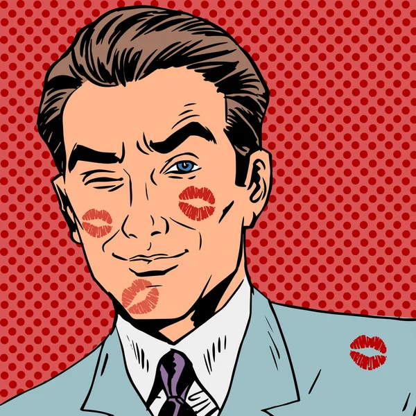 Rastros de un beso en la cara del hombre pop art retro — Archivo Imágenes Vectoriales