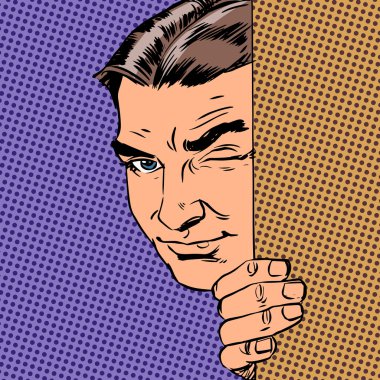 Man spy keeps peeking out from behind the wall style pop art ret clipart