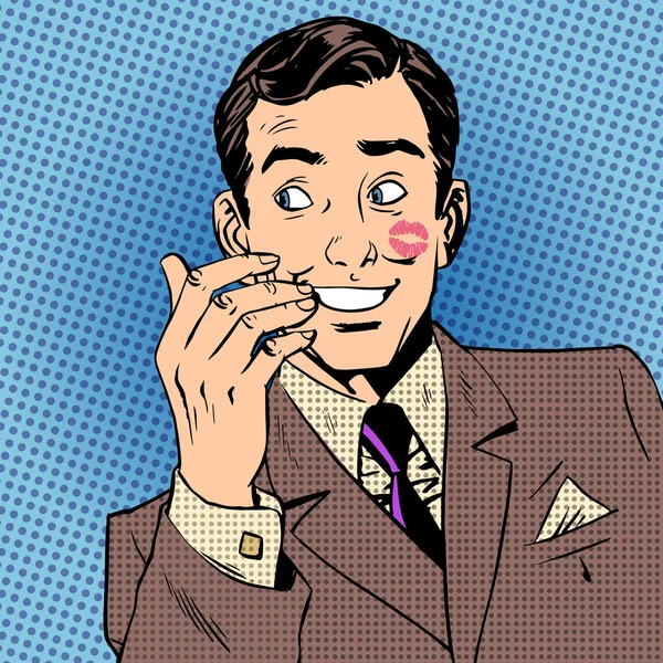 Человек Playboy целует лицо в стиле поп-ретро красной помады — стоковый вектор