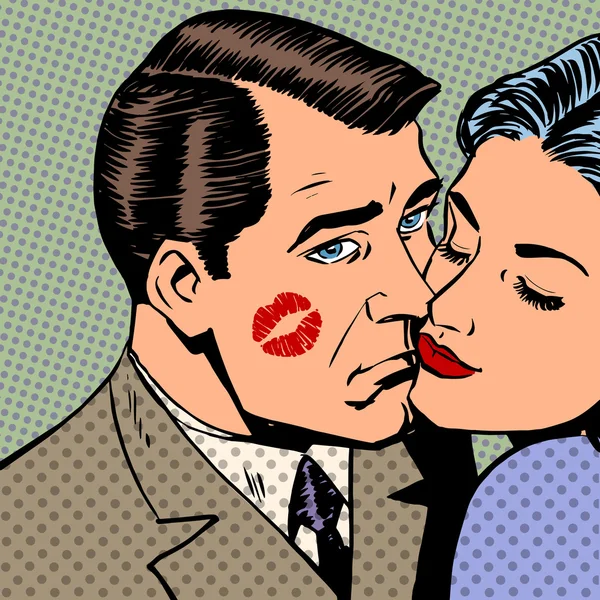 Triste homem com traços de um beijo no rosto e mulher estilo arte po —  Vetores de Stock