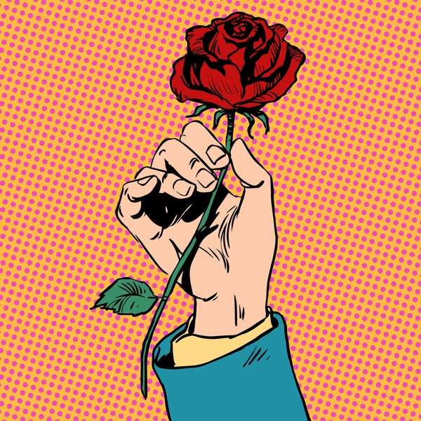 Flor rosa roja en su mano los hombres aman Bud arte pop retro vintage — Vector de stock