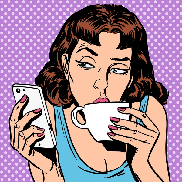 Martes chica mira en el teléfono inteligente beber té o café — Vector de stock