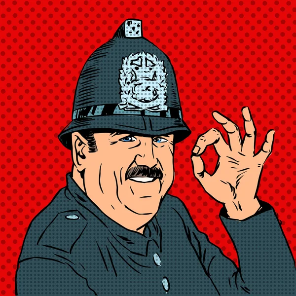 Polícia Inglês de uniforme e capacete mostra gesto OK — Vetor de Stock