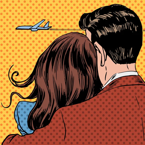 Ζευγάρι ερωτευμένων κοιτάζοντας ένα αεροπλάνο που απογειώνεται στον ουρανό — Διανυσματικό Αρχείο