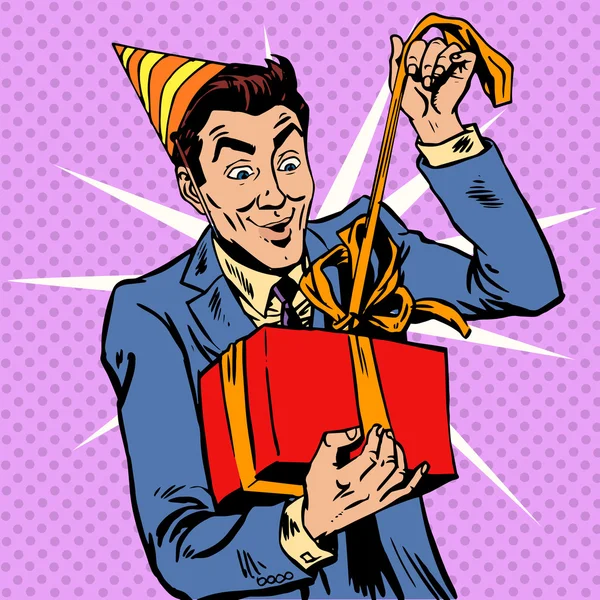 Male birthday unpacks the gift — Stock Vector