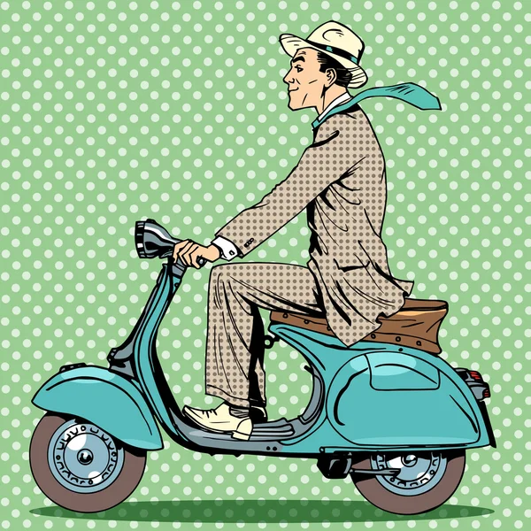 Homem monta em uma scooter vintage — Vetor de Stock
