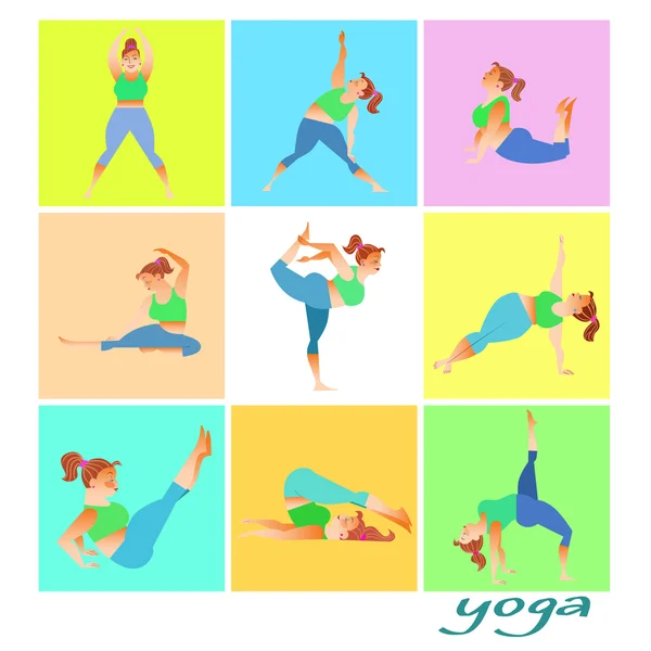 Ställ in yoga fet kvinna — Stock vektor