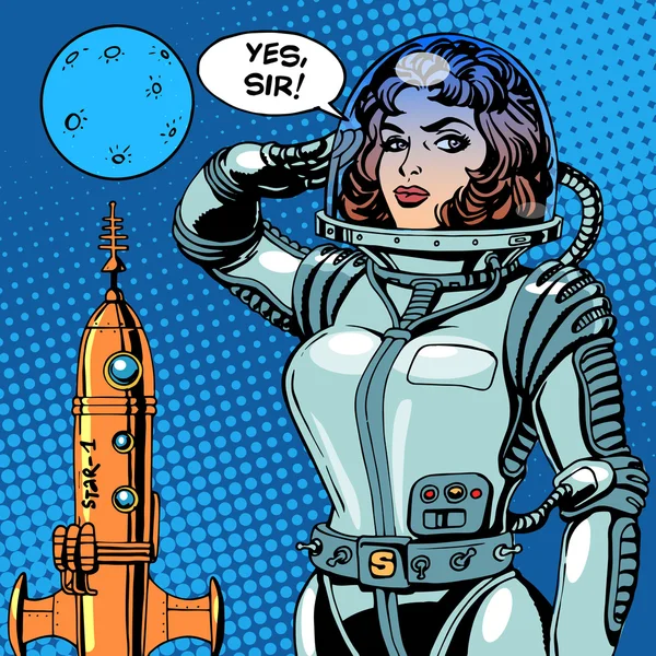 Mulher astronauta capitão de uma nave espacial ficção científica —  Vetores de Stock