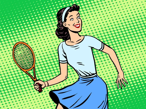 Молодая женщина играет в теннис в стиле ретро поп — стоковый вектор