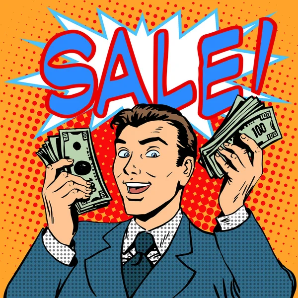 Продаж оголошення бізнес-концепція бізнесмен з грошима — стоковий вектор