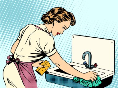 woman cleans kitchen sink cleanliness housewife housework comfor clipart