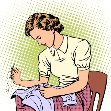 woman sews shirt thread housewife housework comfort