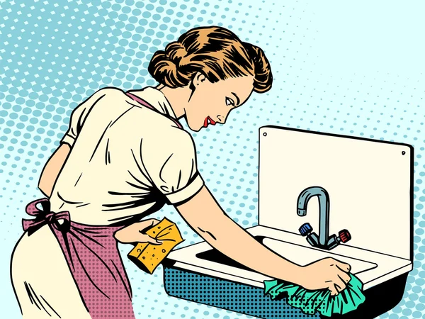 Mulher limpa pia de cozinha limpeza dona de casa tarefas domésticas comfor — Vetor de Stock