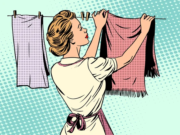 Woman hangs clothes after washing housewife housework comfort — Stockvector