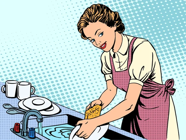 Woman washing dishes housewife housework comfort — Stockvector