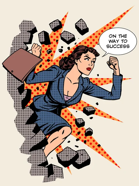 Business success businesswoman breaks the wall — Stock Vector