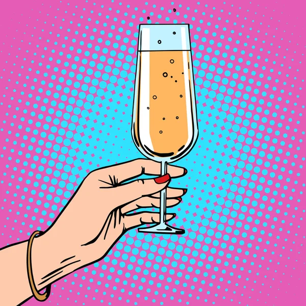 Выпьем за женскую руку с бокалом шампанского на вечеринке — стоковый вектор