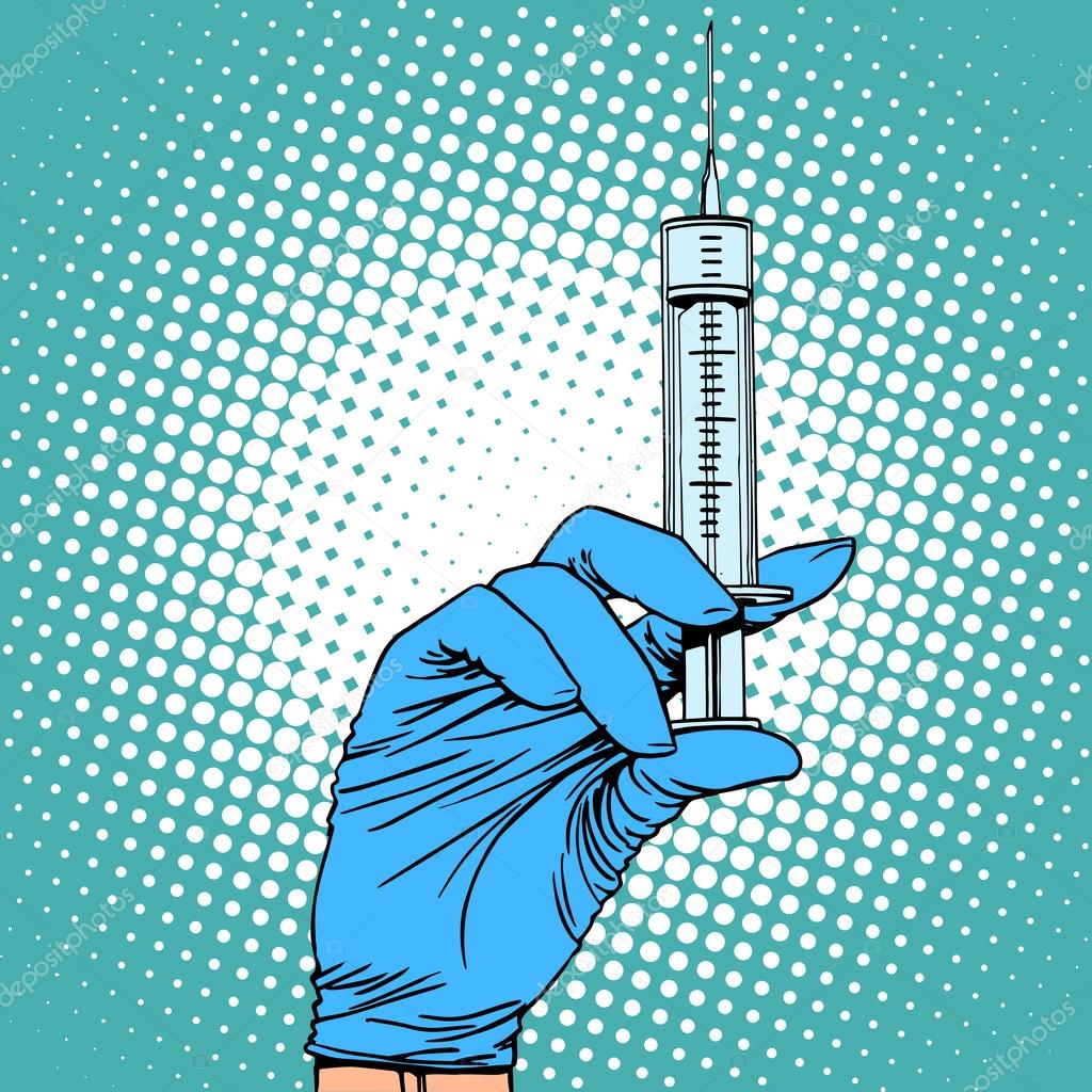 Hand with a syringe injection vaccination medicine