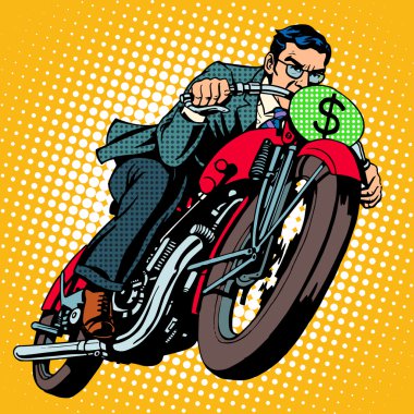 Bir motosiklet üzerinde bir iş adamı. Finansal başarı