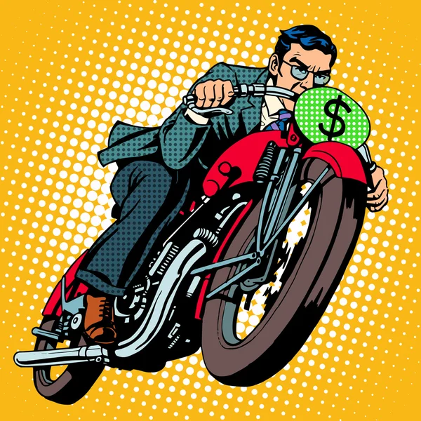 Empresario en moto. Éxito financiero — Vector de stock