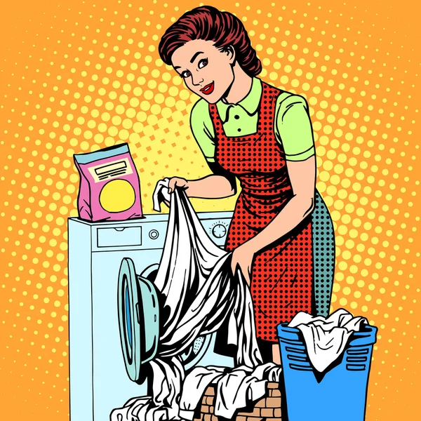 Mujer lava ropa lavadora — Vector de stock