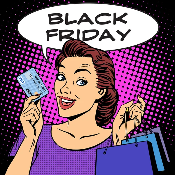 Black Friday woman with business card discounts — Stock Vector