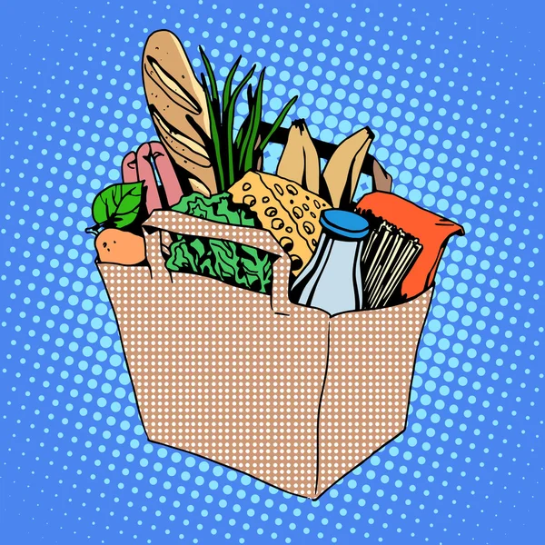 Grocery bag full of food cheese milk bread fruit herbs sausage m — Stock Vector