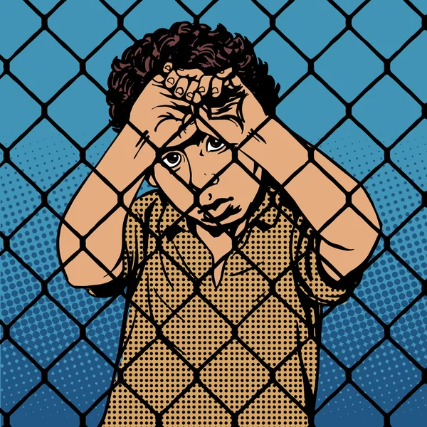 Niño refugiado migrantes tras las rejas el límite de la prisión — Vector de stock