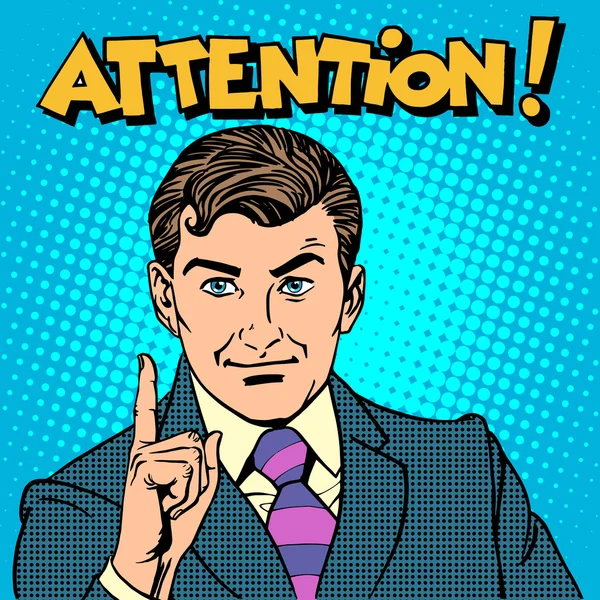 Attention businessman pointing finger — Stock Vector