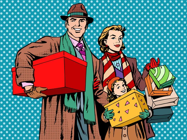 Shopping heureux famille papa maman fille — Image vectorielle