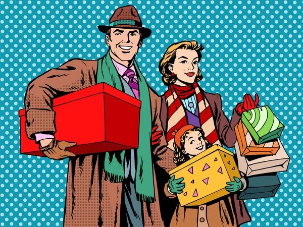 Shopping happy family dad mom girl Stock Illustration