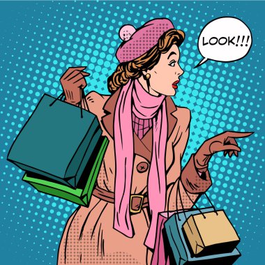 Woman shopping buy discounts look clipart