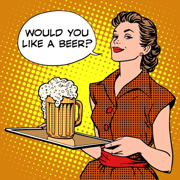 La camarera cerveza en una bandeja — Vector de stock