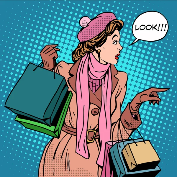 Kvinnan shopping köpa rabatter söka — Stock vektor