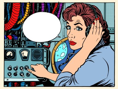 Girl radio space communications with astronauts clipart