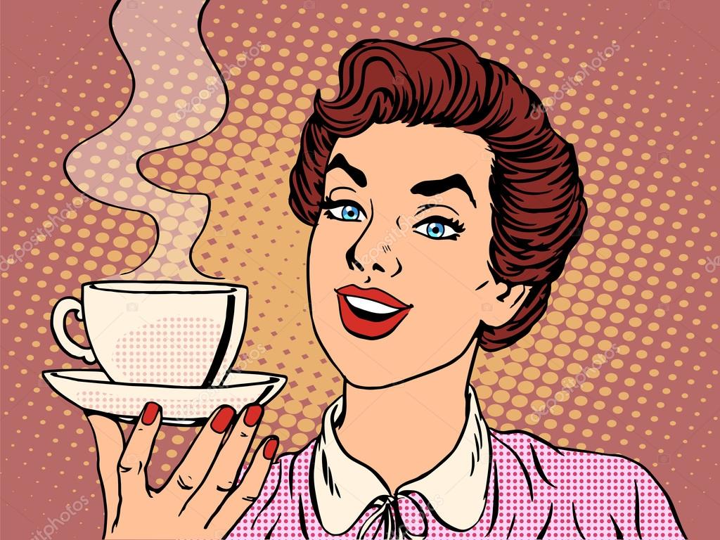 Girl with Cup of coffee pop art retro style. 