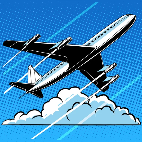 Passenger airplane in the clouds retro background — Stock Vector