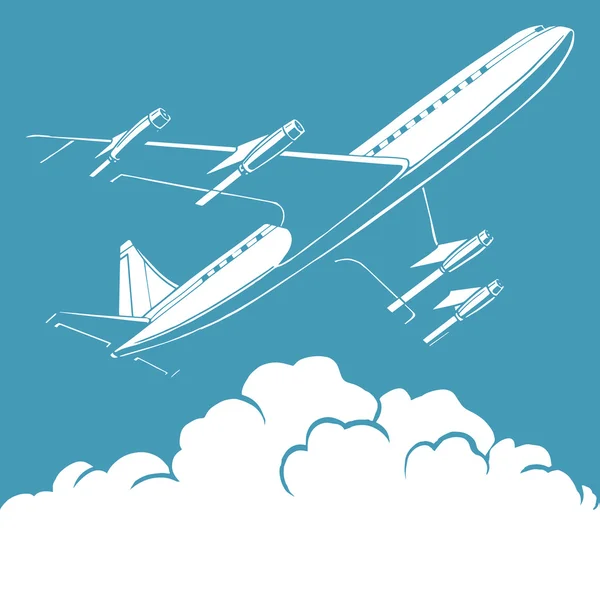 Avión de pasajeros en las nubes fondo retro — Vector de stock