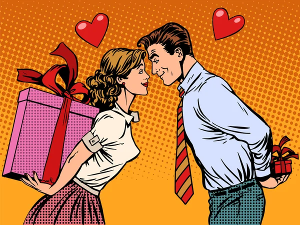 Valentine dag liefhebbers man en vrouw met geschenken — Stockvector