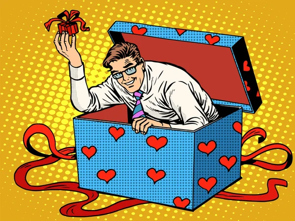 Άνθρωπος έκπληξη κουτί αγάπη δώρο ημέρας βαλεντίνων — Διανυσματικό Αρχείο