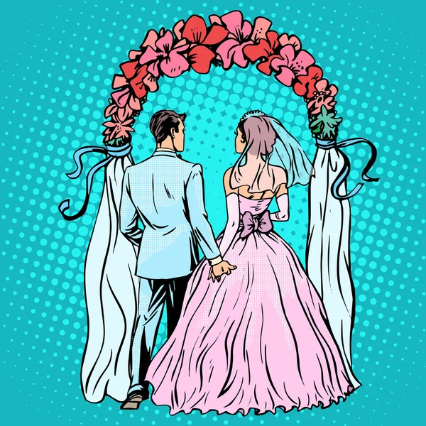 Bruiloft bruidegom bruid altaar — Stockvector